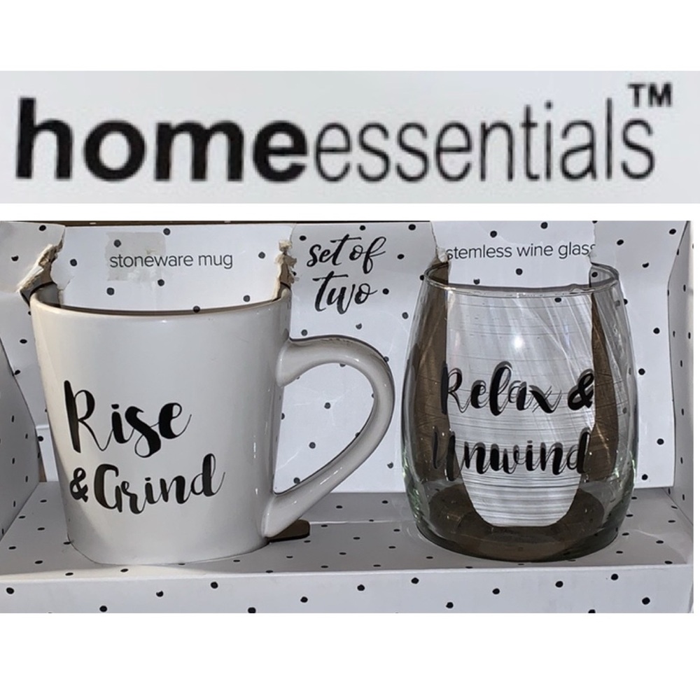 🌺 HOME ESSENTIALS Gift Set: Rise & Shine Mug + Relax & Unwind Glass NIB